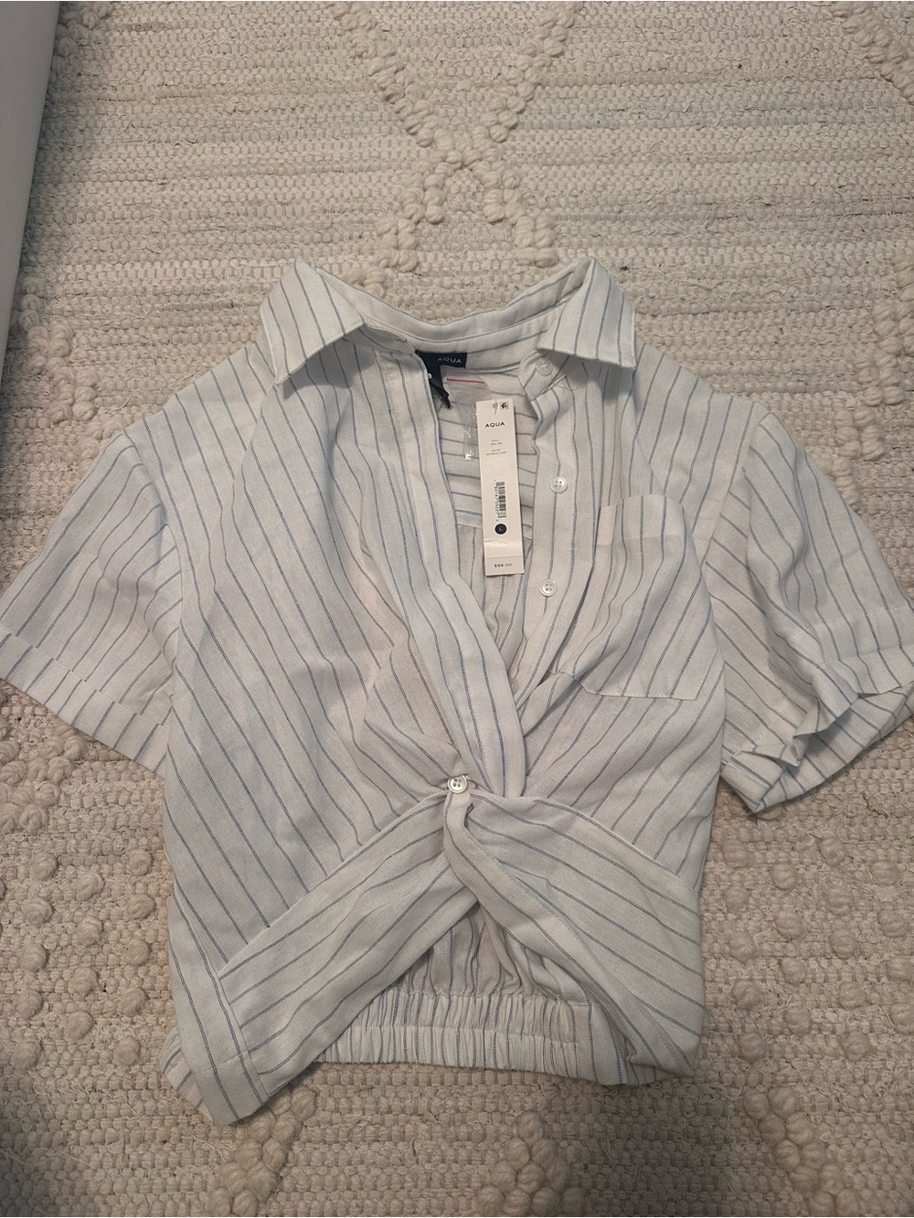 Aqua White and Light Blue Striped Twist-Front Cropped Blouse